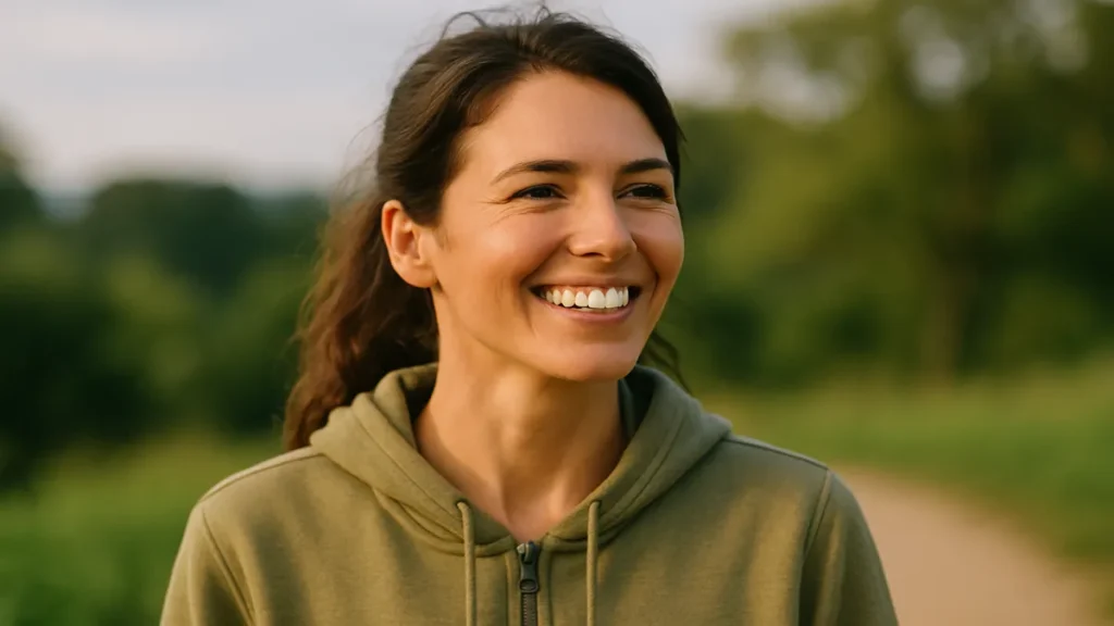 energized woman smiling after walk outdoors looking healthier and balanced