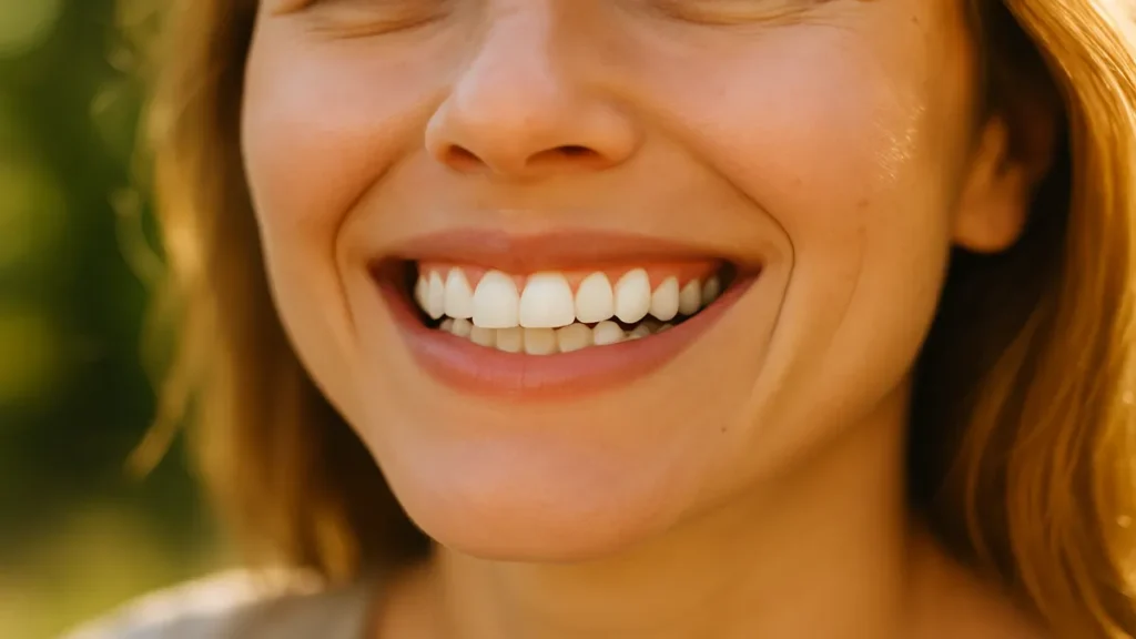 happy person smiling with clean teeth and fresh breath outdoors