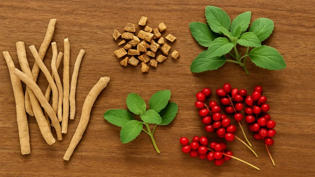 natural adaptogen herbs like ashwagandha and rhodiola arranged on wooden table
