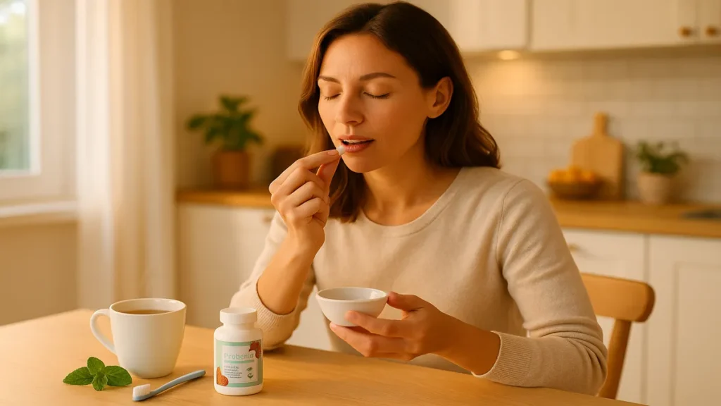 person taking oral probiotic in the morning as part of daily routine
