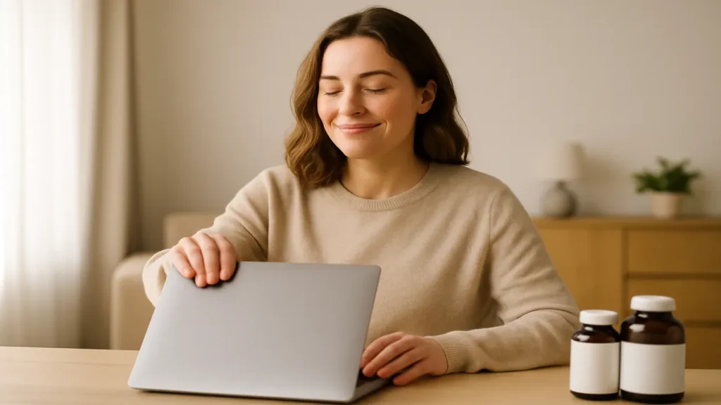 relieved woman closing laptop feeling in control and hopeful about her health