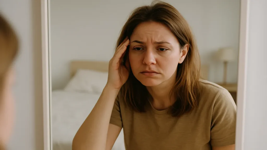 tired woman in morning light looking at herself in mirror feeling exhausted and discouraged