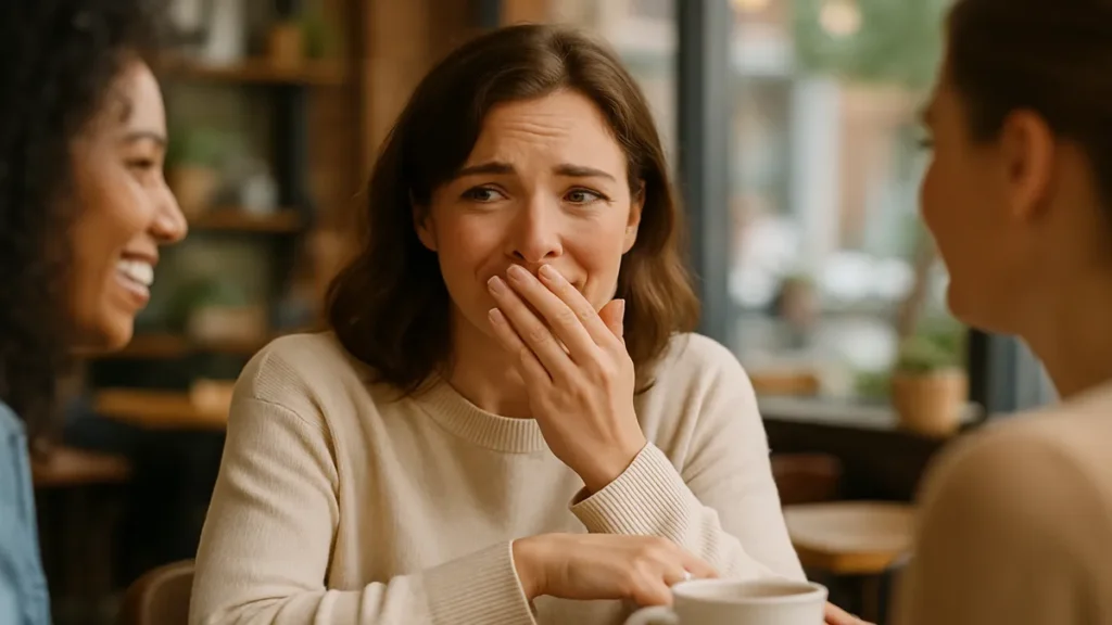 woman covering mouth in social setting due to bad breath discomfort