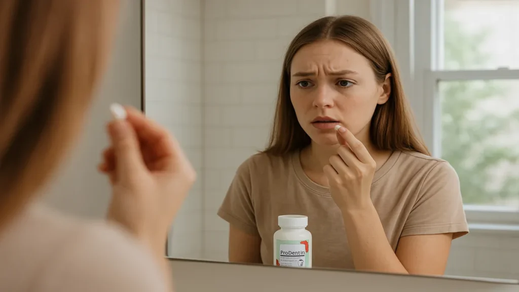 woman holding oral probiotic tablet with ProDentim bottle on bathroom counter