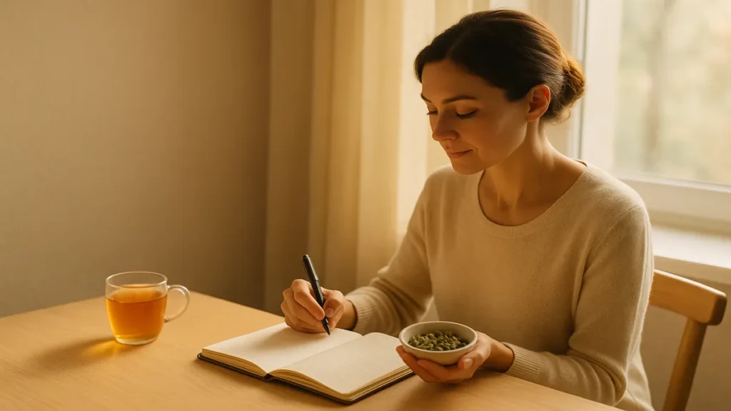 woman starting her day with a calm wellness routine and herbal tea